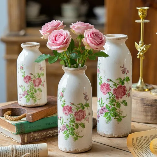Miniatura 10 de Jarrón floral de cerámica verde y blanco con asa, jarrón rústico de granja, florero floral chinoiserie para decoración del hogar, sala de estar