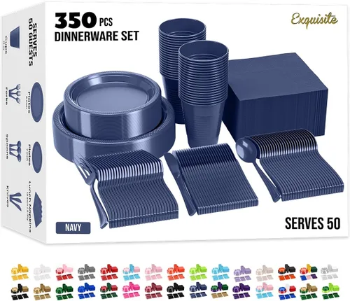 350 platos de plástico azul marino para fiestas, juego de platos desechables azul marino, 50 de cada juego de platos llanos de 9 pulgadas, platos de