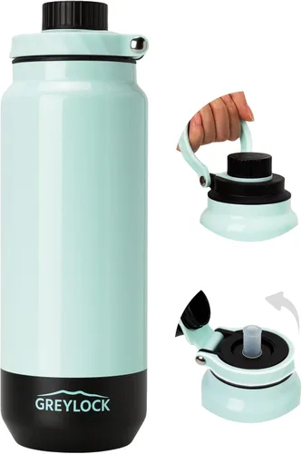 Miniatura 15 de GREYLOCK Botella de agua aislada de 24 onzas con tapa con popote, botella de acero inoxidable reutilizable a prueba de fugas, fría y caliente las 24
