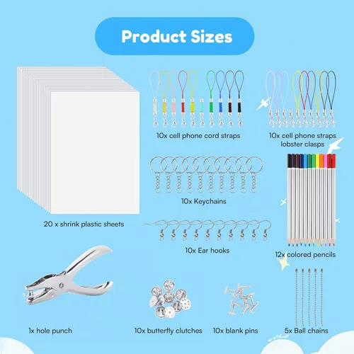 Miniatura 7 de Auihiay Set de 198 Piezas de Plástico Termocontraíble Incluye 20 Hojas de Papel Termocontraíble, Perforadora, Accesorios de Llaveros y Lápices
