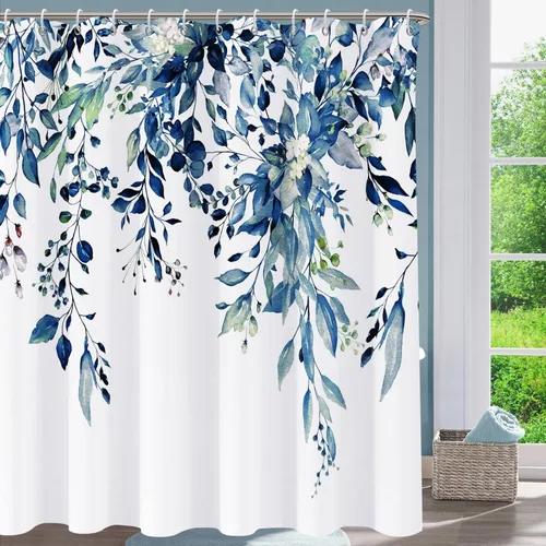 Miniatura 7 de Cortina de ducha de eucalipto azul para baño, juego de cortinas de ducha de hojas de acuarela, cortina de ducha impermeable para plantas, tela