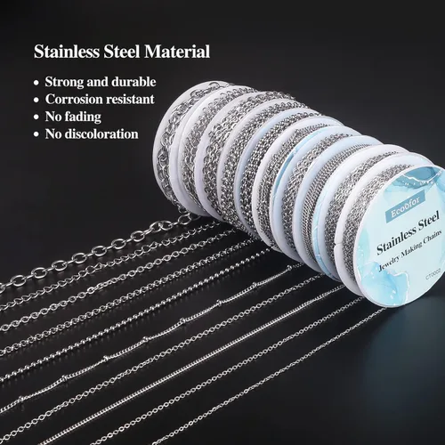 Miniatura 4 de Cadenas de collar para fabricación de joyas, 78.7 pies, 10 rollos de cadenas de joyería de acero inoxidable para hacer collares, pulseras, joyería