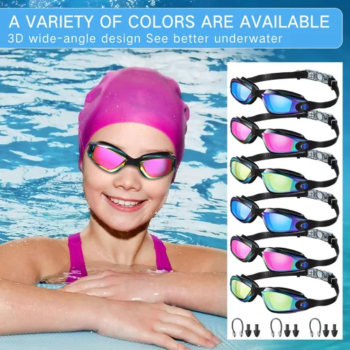 Miniatura 6 de Flutesan Paquete de 6 gafas de natación para adultos, antiniebla, con tapones para los oídos, clip para la nariz, sin fugas, protección completa
