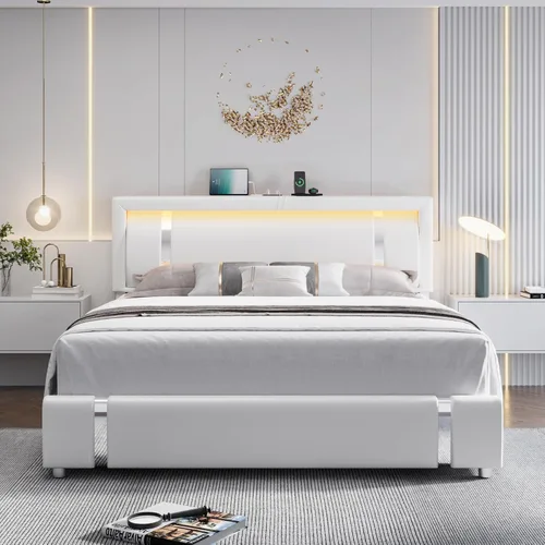 Miniatura 3 de Keyluv Marco de Cama Queen con Cabecero de Luces LED RGB y 2 Cajones de Almacenamiento, Plataforma Inteligente Moderna Tapizada de Cuero Sintético