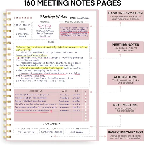 Miniatura 2 de Taja Cuaderno de reuniones para organización del trabajo, cuaderno planificador de trabajo con artículos de acción, agenda para tomar notas, 160