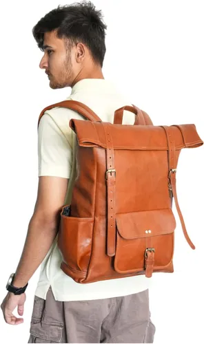 Miniatura 8 de jaald Mochila de cuero marrón de 23 pulgadas, mochila vintage para portátil, bolsa de viaje grande con parte superior enrollable, cómoda y ligera