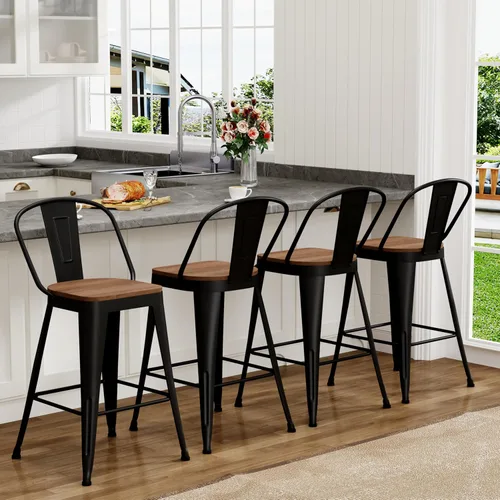 Yongchuang Juego de 4 taburetes de bar de 24 pulgadas, de metal negro, altura de mostrador, con respaldo alto, asiento de madera grande, sillas de