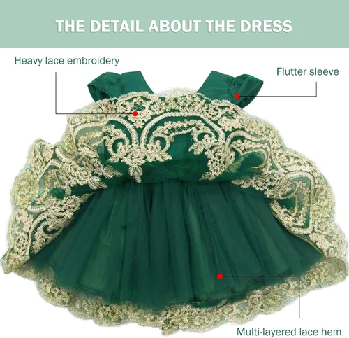Miniatura 4 de 3M-3T - Vestido de niña para bebé, vestido de boda, vestido formal de encaje bordado + diadema