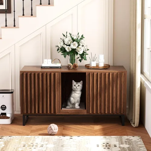 Miniatura 14 de Halitaa Caja de Arena para Gatos, Mueble Moderno de Caja de Arena para Gatos Caja de Arena Oculta con Almohadilla para Rascar, Mesa Auxiliar Casa