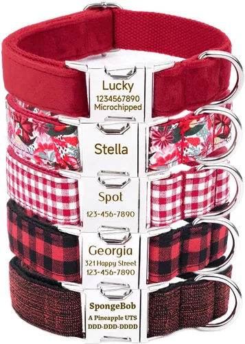 Collar de perro personalizado con nombre de mascota, número de teléfono, dirección grabada en hebilla de metal, varios colores, correa a juego A Rojo