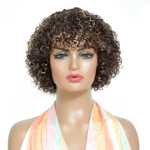 Miniatura 11 de Peluca de cabello humano rizado estilo Bob para mujeres negras, 150% de densidad, mezcla de castaño caoba, peluca corta sin pegamento por