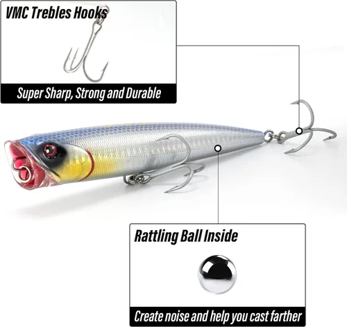 Miniatura 4 de Dr.Fish Popper - Señuelos de pesca de agua salada, 4/5.5 pulgadas GT Popper VMC anzuelos agudos señuelos de pesca para lubina, lucio, salmón en alta