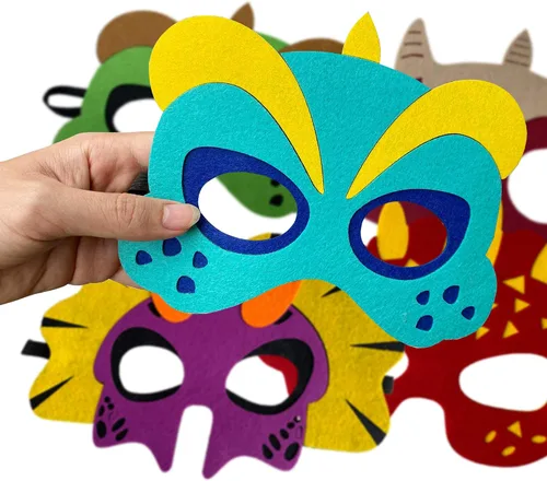 Miniatura 4 de TEEHOME Máscaras de dinosaurio para fiestas (24 paquetes) de fieltro y elástico para niños, decoraciones de fiesta de dinosaurios con 24 máscaras