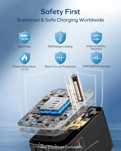Miniatura 8 de MOMAX Adaptador de viaje universal 6 en 1, adaptador de corriente internacional GaN 70W, 3 USB-C PD carga rápida y 2 USB-A QC, 1 AC, adaptador
