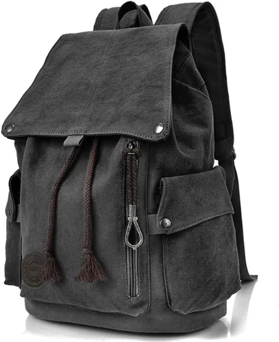 FH Mochila de lona estilo vintage, mochila negra para hombres y mujeres, mochila de viaje para computadora portátil
