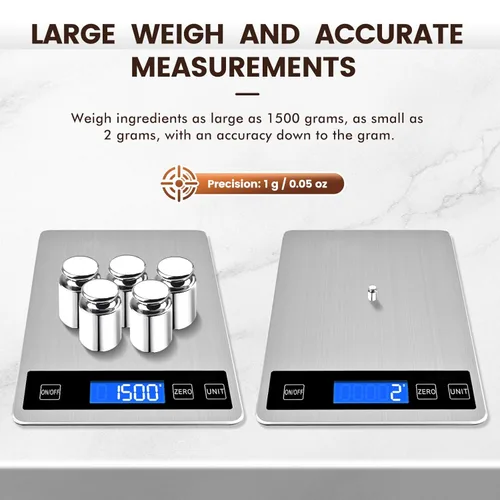 Miniatura 9 de Báscula de alimentos de 33 libras, báscula digital de cocina con baterías y carga USB, graduación precisa de 1g/0.05oz, acero inoxidable impermeable