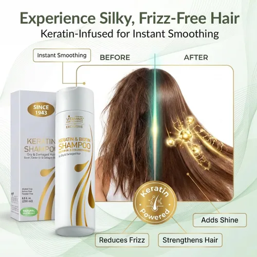 Miniatura 2 de Vitamins - Champú de queratina para tratamiento capilar con biotina, proteína de colágeno y aceite de ricino para cabello rizado, ondulado y lacio