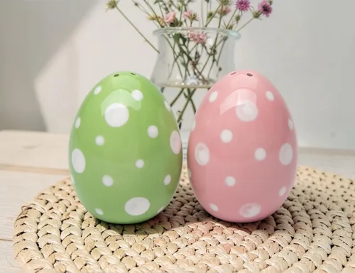 Miniatura 6 de Juego de cocteleras de sal y pimentero de huevo de Pascua rosa y verde de cerámica fina, 2-3/4 pulgadas de alto