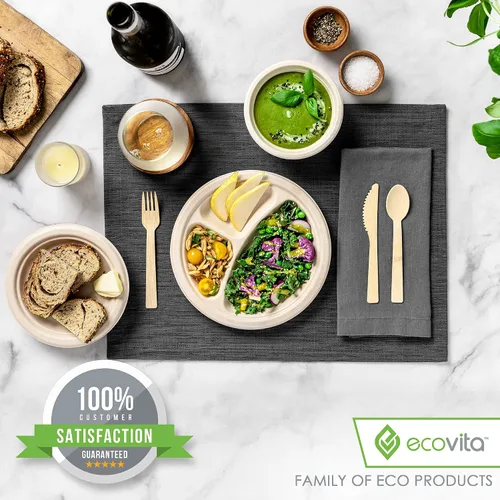 Miniatura 8 de Ecovita Platos de papel 100 % compostables [9 pulgadas] Compartimentos – 150 platos desechables ecológicos, resistentes, libres de árboles, líquidos