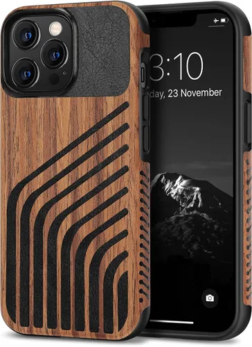 Miniatura 10 de TENDLIN Compatible con iPhone 13 Pro Max, funda de grano de madera con textura de fibra de carbono, funda híbrida de cuero compatible con iPhone 13
