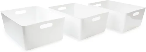 Isaac Jacobs Paquete de 3 contenedores de almacenamiento XL blancos (13.9 x 10.6 x 5.75 pulgadas) con asas recortadas, organizador de plástico,