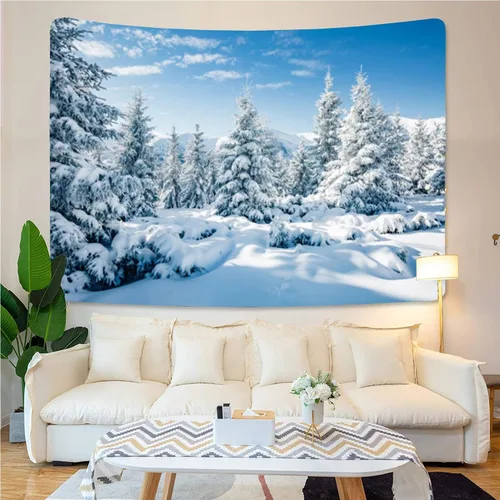 Arrebolart Tapiz de bosque de invierno para colgar en la pared, pinos en tapiz nevado, tapiz de paisaje de Feliz Navidad, arte de pared para niños,