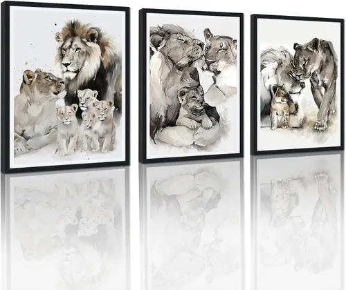 Miniatura 61 de 3 piezas modernas de lienzo de león de animales salvajes, pinturas de retratos de familia de leones, decoración de pared, obras de arte de sala