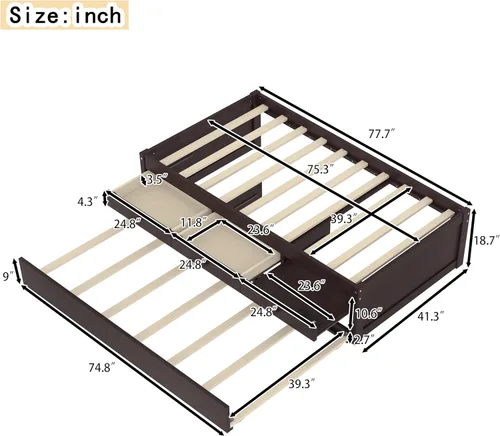 Miniatura 2 de Cama de plataforma individual con nido y cajones de almacenamiento, sofá cama de madera maciza con tomas de corriente y listones completamente