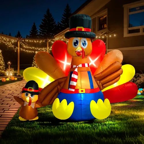 Miniatura 10 de VIVOHOME - Decoración de jardín inflable de 6 pies, figura de familia de pavos con iluminación LED para el día de Acción de Gracias