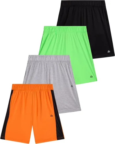 RBX Pantalones cortos deportivos para niños, paquete de 4 pantalones cortos de malla polar de rendimiento para correr, gimnasio, baloncesto y