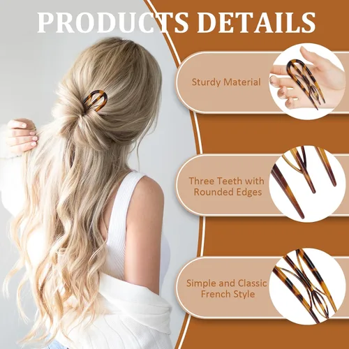 Miniatura 4 de Juego de 6 horquillas francesas, onduladas en forma de U, pinzas para el pelo retro con 3 dientes internos, ideal para moños de cabello fino