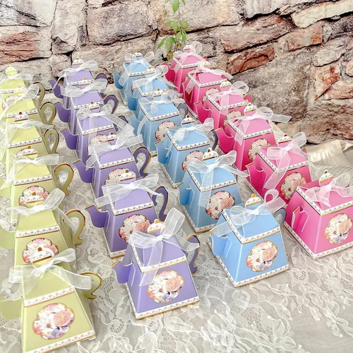 Kate Aspen Cajas de Favor de Fiesta con Forma de Tetera Floral Vintage (Juego de 24 Colores Surtidos) - Favores de Bodas, Despedidas de Soltera,