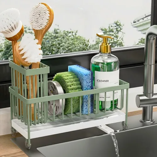 Miniatura 11 de Cisily Soporte de esponja negro extra grande para fregadero de cocina, organizador de fregadero con soporte alto para cepillos, organizadores