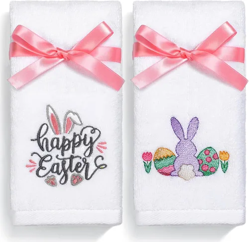 Miniatura 9 de Juego de 2 toallas de mano de Pascua 100 % algodón bordadas con diseño de conejo de Pascua decorativo para baño, cocina, juego de 2 toallas de 14 x