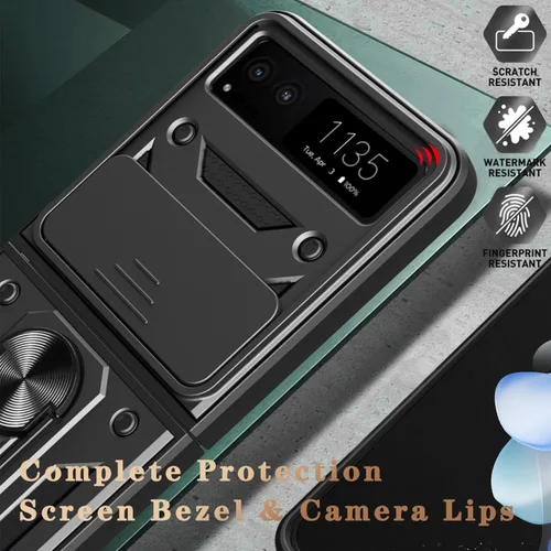 Miniatura 3 de Funda para Motorola Razr 2023 con cubierta de cámara y soporte, protección de lente deslizante + soporte de anillo giratorio de 360°, resistente a