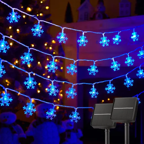 Miniatura 11 de Brightown Guirnalda de luces solares de copo de nieve de Navidad, paquete de 2 unidades, 100 luces LED de 78 pies para exteriores, impermeables