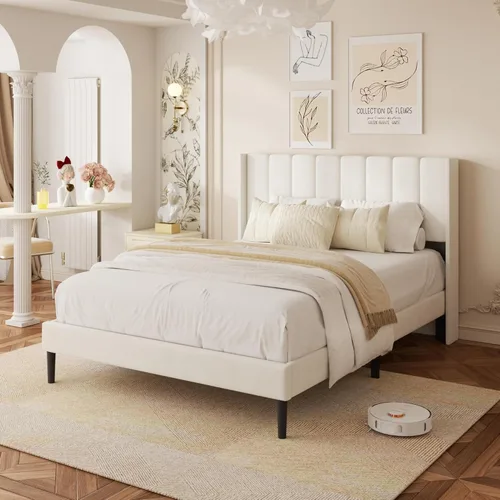 Miniatura 3 de Base de cama tamaño Queen con cabecero vertical Chanel acolchado y respaldo de alas, cama de plataforma tapizada, listones de madera fuertes, fácil