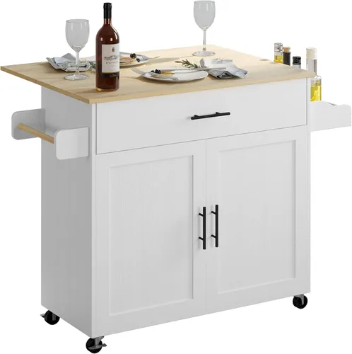 IRONCK - Mesa de isla de cocina rodante con hoja abatible, gabinete de almacenamiento, cajón, estante para especias/toallas, carro de cocina, 120 cm