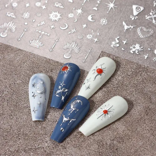 Miniatura 3 de Calcomanías de uñas metálicas plateadas 3D – Calcomanías de uñas para mujer, diseño de estrellas, luna y sol, decoración de mariposas y bohemio