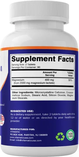 Miniatura 8 de Vitamatic Lactato de magnesio 2000 mg por porción – 180 tabletas – Apoya la salud muscular, del corazón, de los huesos y del sistema nervioso* – Sin