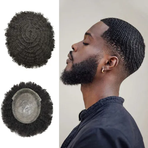 Afro Toupee para hombres negros, inyección de poliuretano, línea capilar natural, 8 x 10 pulgadas, unidad de cabello negro para hombres, 100 %