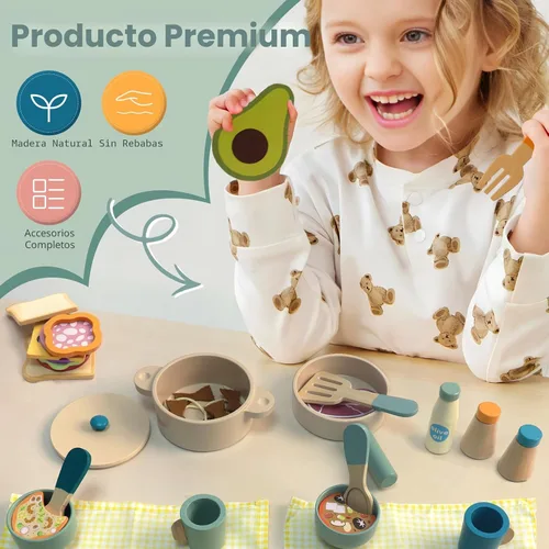 Miniatura 3 de Accesorios de cocina de madera para niños, ollas y sartenes de madera para jugar cocina, juguetes de simulación, juego de comida de madera