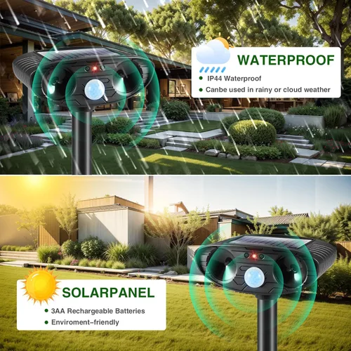 Miniatura 6 de Dispositivo repelente de ciervos 2025, repelente ultrasónico de animales, disuasorio de gatos, repelente solar de animales al aire libre con sensor