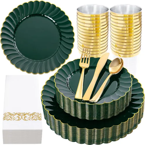 Miniatura 18 de YOUBET - 350 piezas de platos de plástico negro y dorado - Juegos de vajilla desechable dorada para 50 invitados - 100 platos de plástico, 150