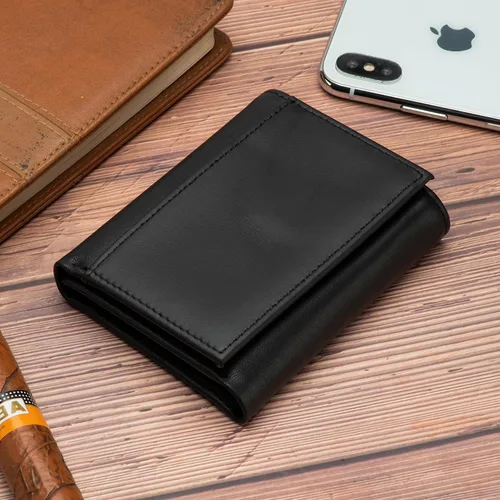 Miniatura 5 de Billetera de cuero para hombre, con bloqueo RFID, de piel auténtica, triple pliegue, Negro -, Cartera Rfid