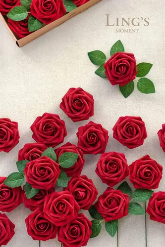 Miniatura 7 de Ling's moment Flores Artificiales 50 Pzas Rosas Rojas Kentucky Decoración con Tallos, 3" Tacto Real DIY Espuma Floral para Ramo de Boda/Centros