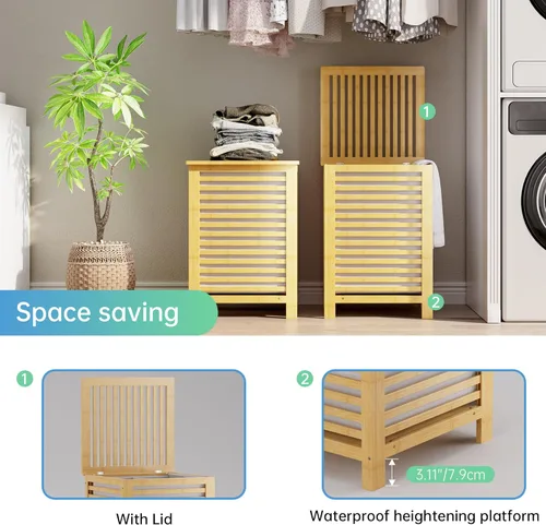 Miniatura 6 de SMIBUY Cesta de lavandería doble con tapa, cesta de lavandería de bambú de 120L con bolsa interior extraíble, clasificador de ropa de 2 secciones