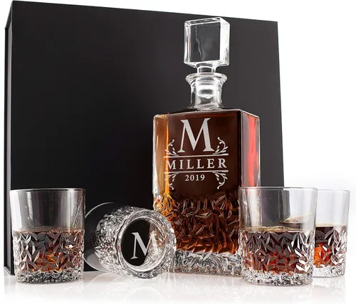 Miniatura 11 de Juego de decantadores de whisky personalizados, 9 opciones de diseño, 5 decantadores de licor de cristal personalizables con tapón de vidrio