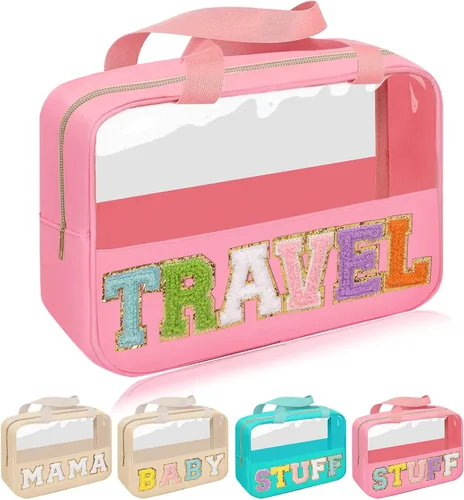 Miniatura 9 de Iqimott Bolsa de bebé con parche de letras de chenilla, bolsa de cosméticos transparente para maquillaje, bolsa grande de almacenamiento