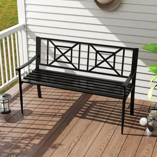 Miniatura 9 de Giantex Banco de metal para exteriores con respaldo, reposabrazos curvos, almohadillas antideslizantes, asiento de listones para 2-3 personas, carga